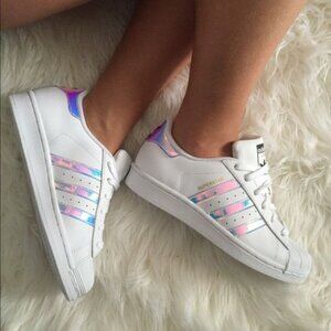 Adidas Women's White Sneakers with Holographic Stripes